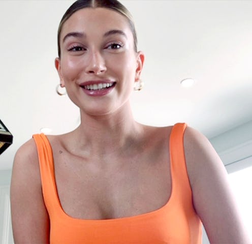 Hailey Bieber appearing via video link for a fashion event