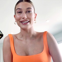 Hailey Bieber appearing via video link for a fashion event