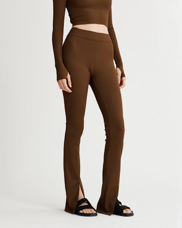 brown split-hem yoga pants