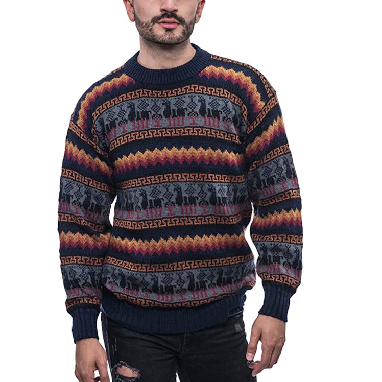 With geometric and llama patterns, this alpaca sweater has a fun retro vibe.
