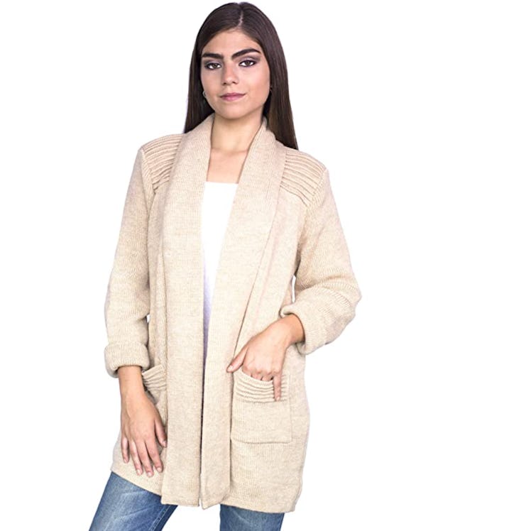 This open alpaca cardigan has a relaxed fit and comes in several colors. 