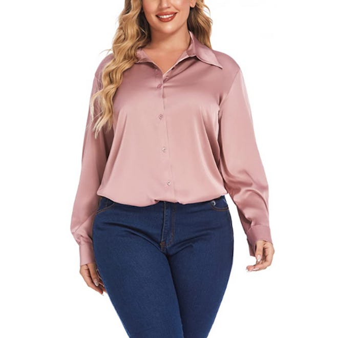 IN'VOLAND Plus Size Satin Button Down