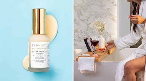 The Farmacy Honeymoon Glow Hydrating Night Serum and the Royal Craft Wood Luxury Bathtub Caddy Tray ...