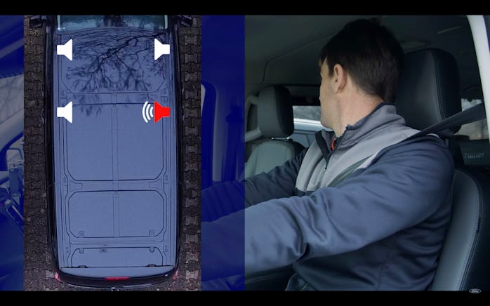 Ford's Directional Audio Alerts being used when a van driver backs out of a parking space.
