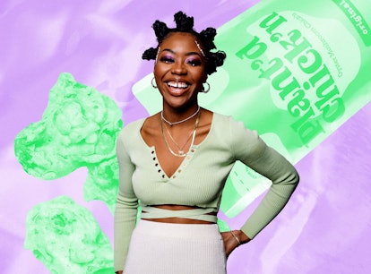 Francesca Chaney, the vegan entrepreneur behind Sol Sips, smiles in front of a purple and green imag...