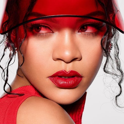 Fenty Beauty icon lipstick campaign photo rihanna red visor