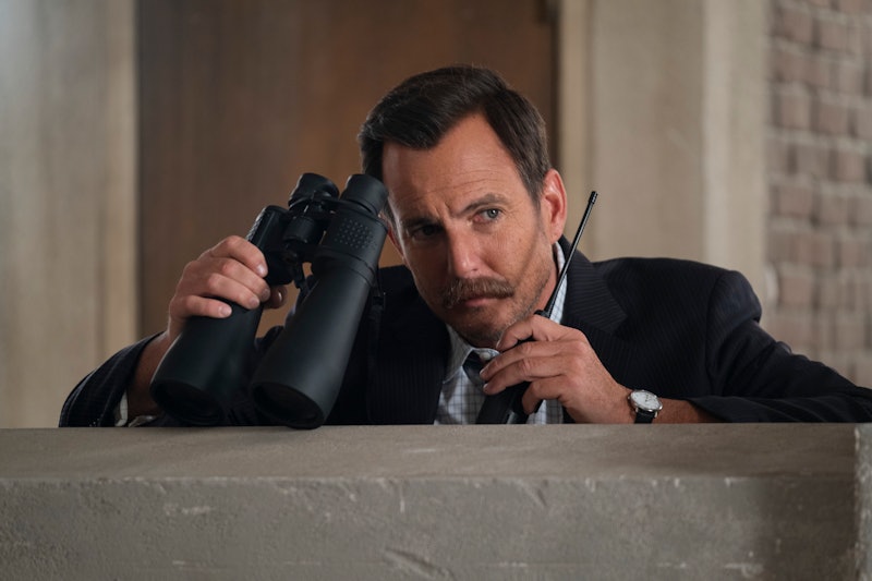 Will Arnett as Detective Terry Seattle in Murderville. Arnett is wearing a fake mustache and hiding ...