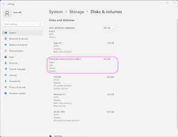 Check your storage specs under “Disks and volumes” in your Storage settings.
