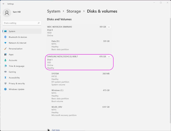 Check your storage specs under “Disks and volumes” in your Storage settings.