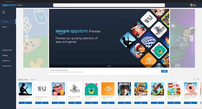 The Amazon Appstore homepage for Windows 11