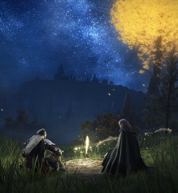 A screenshot from Elden Ring with two characters sitting next to a small fire in a forest