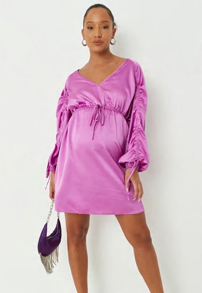Purple Channel Sleeve Maternity Satin Mini Dress