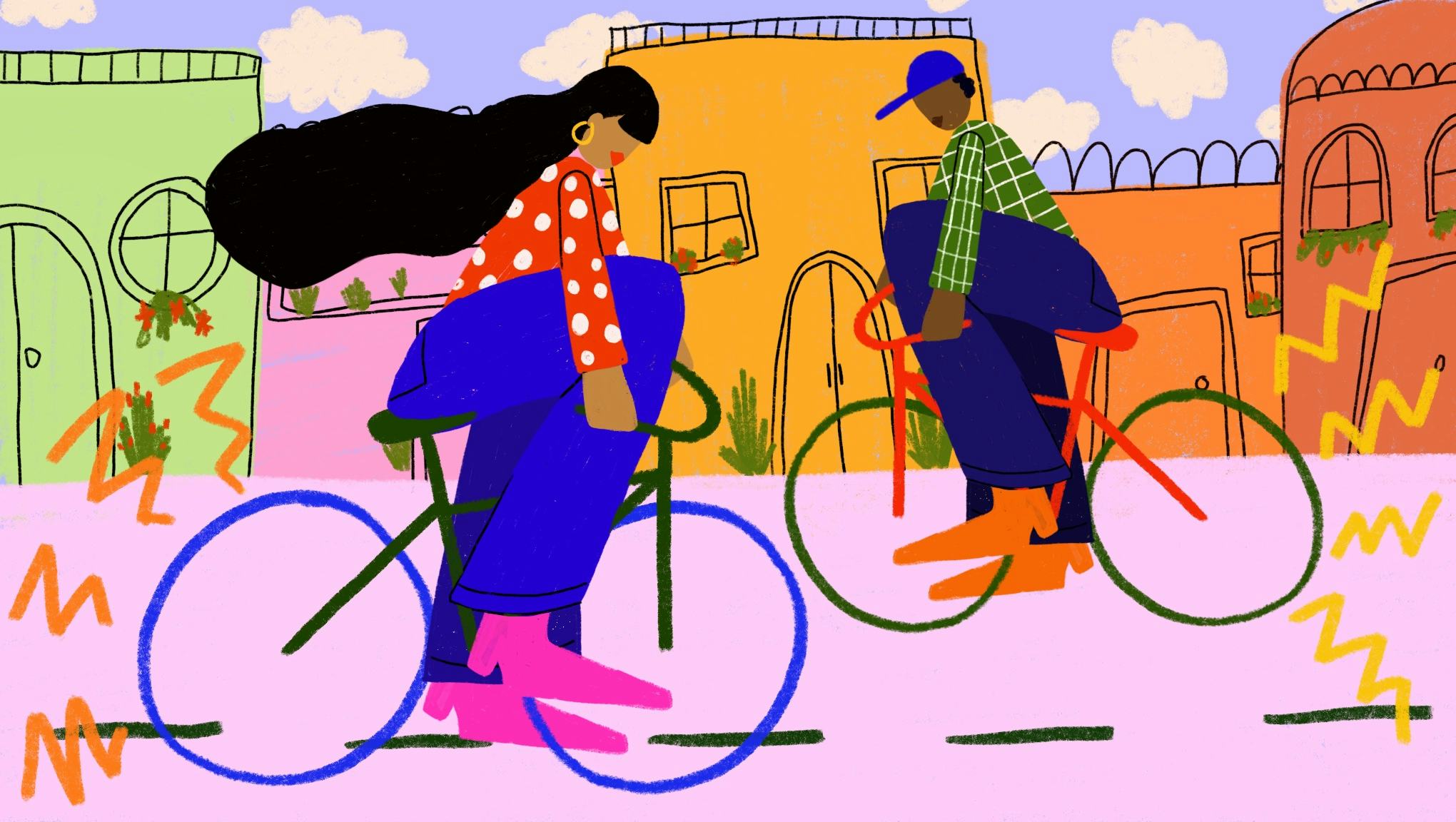 Maxine McCrann ilustration of two people riding a bike in a city.