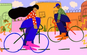 Maxine McCrann ilustration of two people riding a bike in a city.