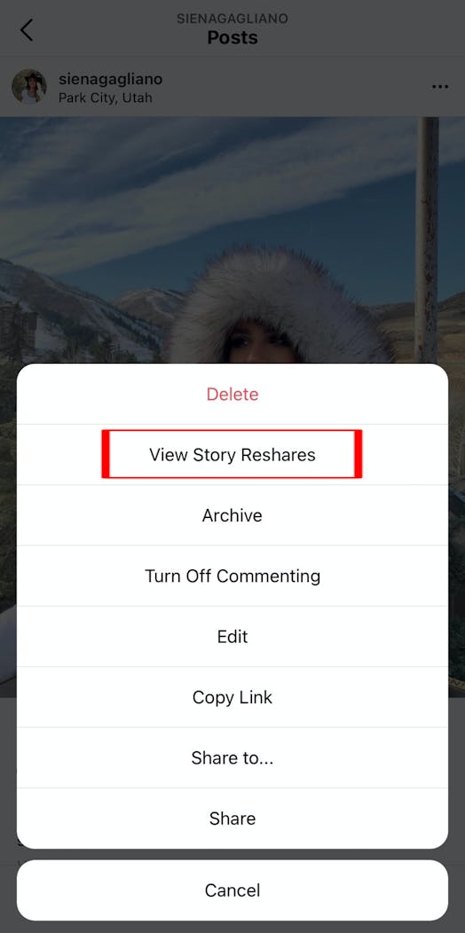 A screenshot demonstrating how to see story reshares on Instagram.