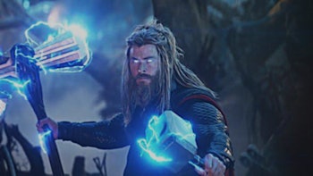 Chris Hemsworth as Thor during a fight with his weapons