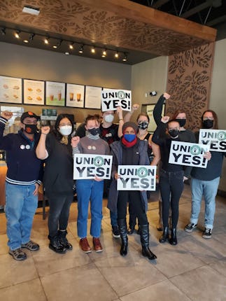 Pro-union Starbucks workers at a store in Minneapolis.