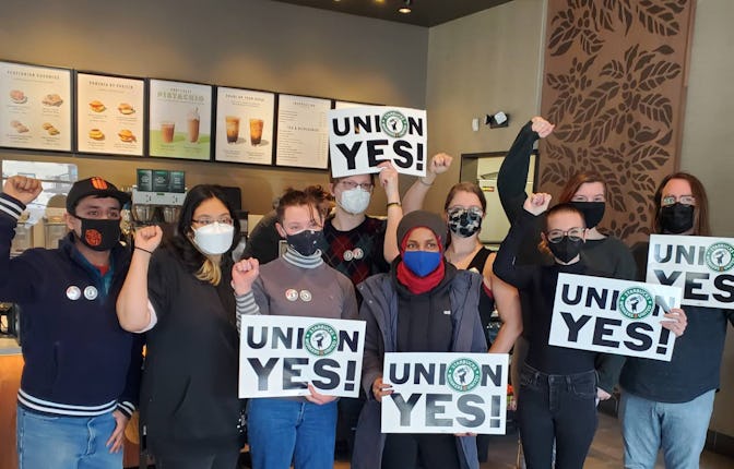 Pro-union Starbucks workers at a store in Minneapolis.