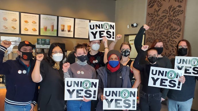 Pro-union Starbucks workers at a store in Minneapolis.