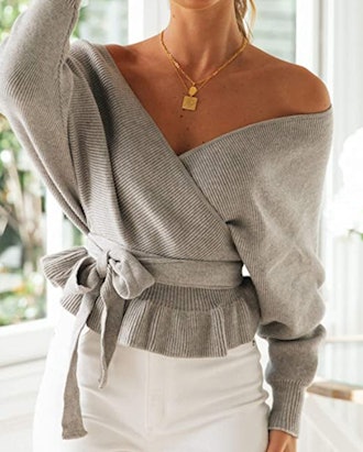 ZESICA Batwing Tie-Waist Sweater