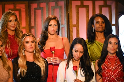 Genevieve in the middle of a rose ceremony on 'The Bachelor'