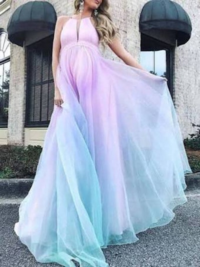 Pink-Blue Grenadine Backless Maternity Maxi Dress