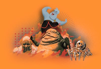 Collage of fat villains from Little Mermaid, Star Wars, and Dune on an orange background