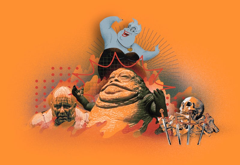 Collage of fat villains from Little Mermaid, Star Wars, and Dune on an orange background