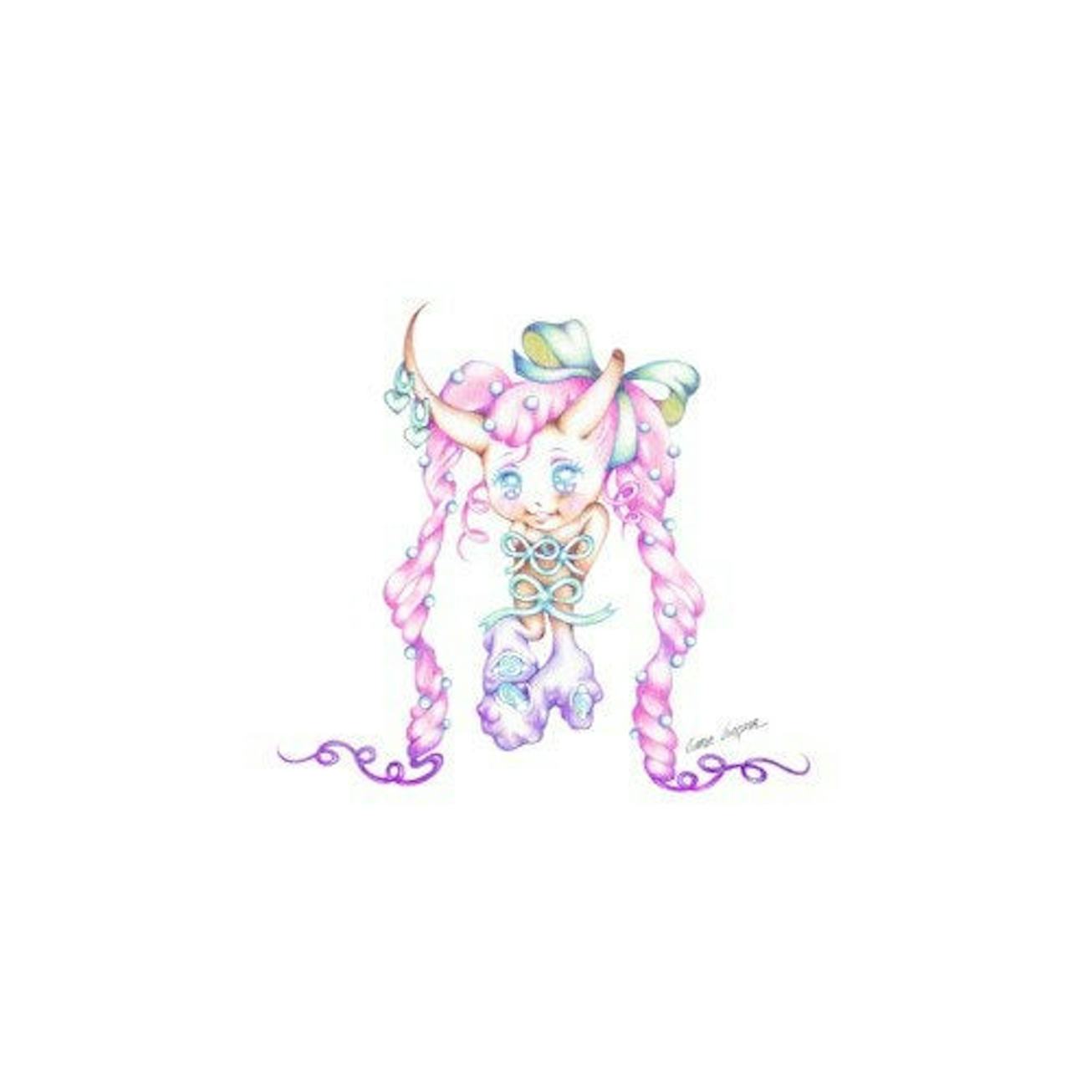 Small creature with devil horns, long pink hair and blue bows all over it's body.