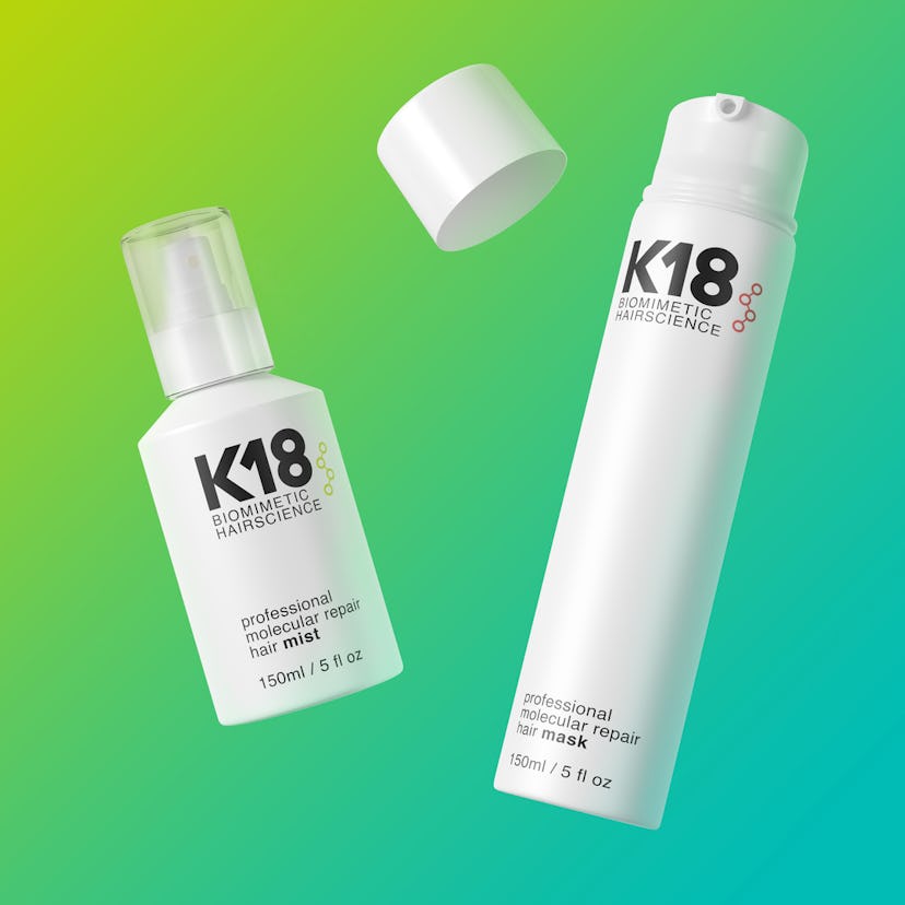 Bottles of K18's biotech hair repair products