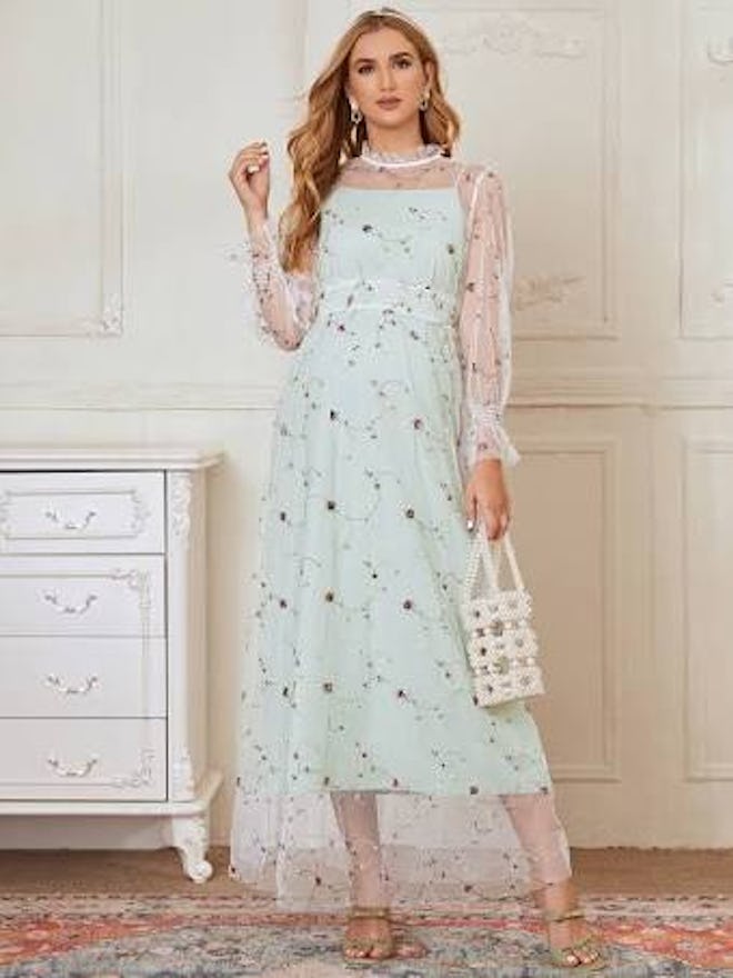 Maternity Shirred Panel Floral Embroidered Mesh Overlay Dress