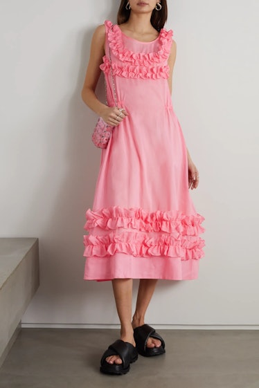 Molly Goddard pink ruffle spring wedding guest dress