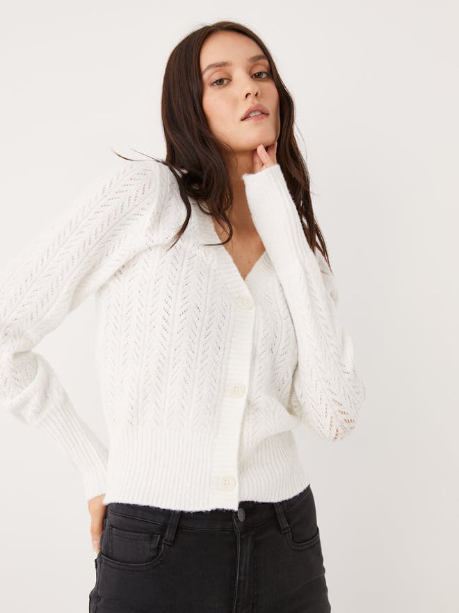 The Fuzzy Pointelle Cardigan Sweater in White