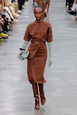 A model walks the runway at the Fendi fashion show during the Milan Fashion Week Fall/Winter 2022/20...