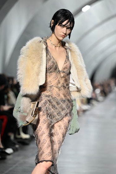 A model walks the runway at the Fendi fashion show during the Milan Fashion Week Fall/Winter 2022/20...
