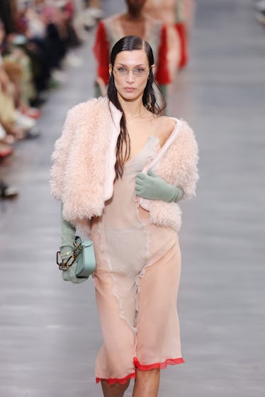 Bella Hadid walks the runway at the Fendi fashion show during the Milan Fashion Week Fall/Winter 202...