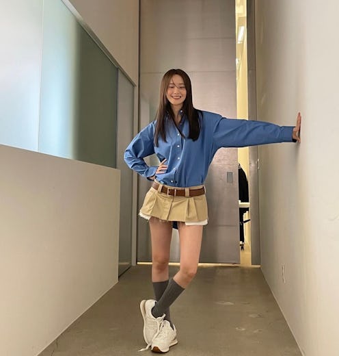 Actor Yoona Lim wearing the Miu Miu skirt set.