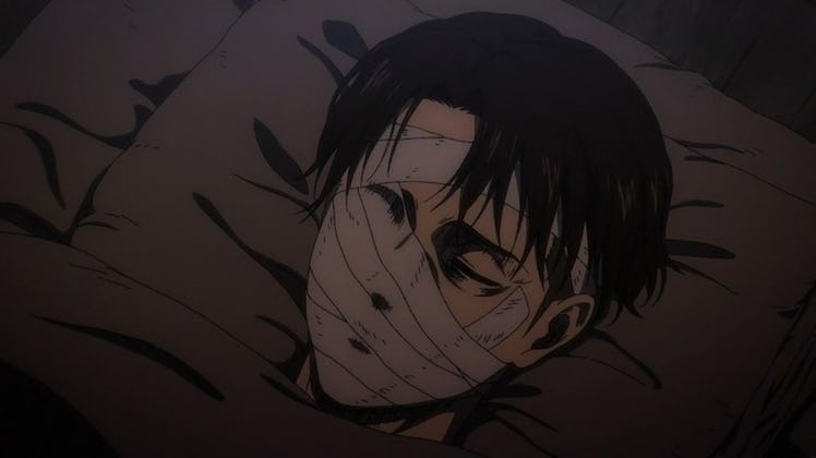 levi ackerman lying in bed with his face bandaged up