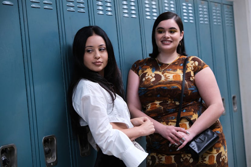 Alexa Demie as Maddy and Barbie Ferreira as Kat in ‘Euphoria.’ They’re leaning against lockers at th…