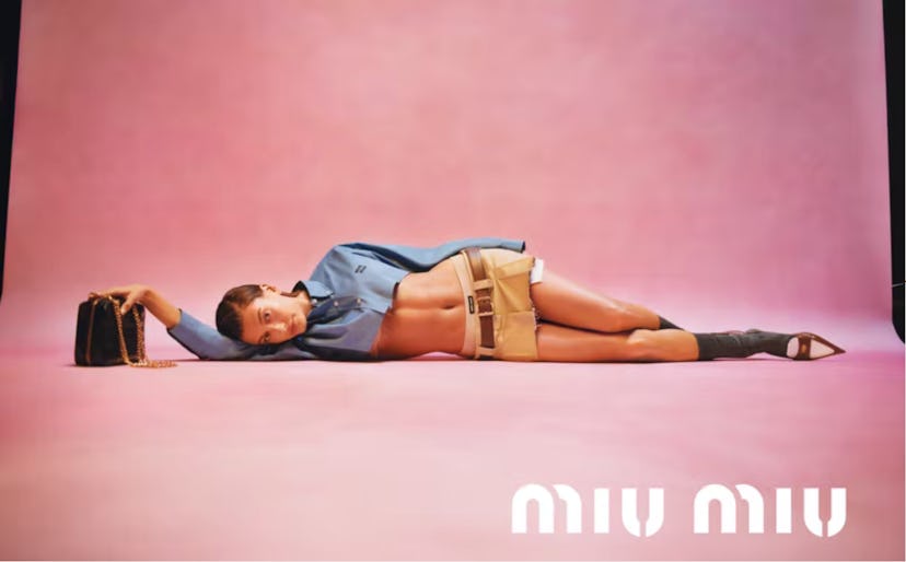 Hailey Bieber wearing the Miu Miu skirt set. 