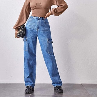 MUMUBREAL High Waist Relaxed Fit Cargo Jeans