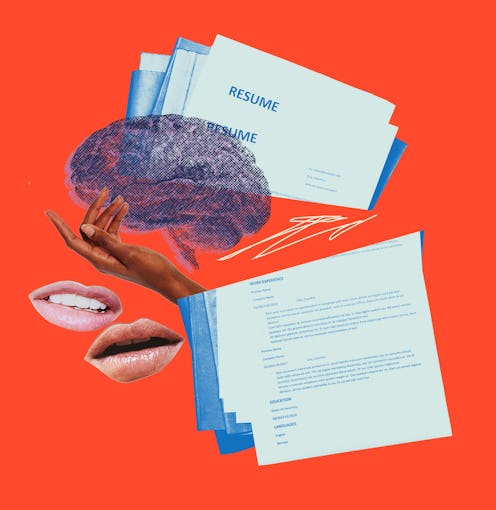 A collage of resume cut in half, a hand holding a brain and mouths talking