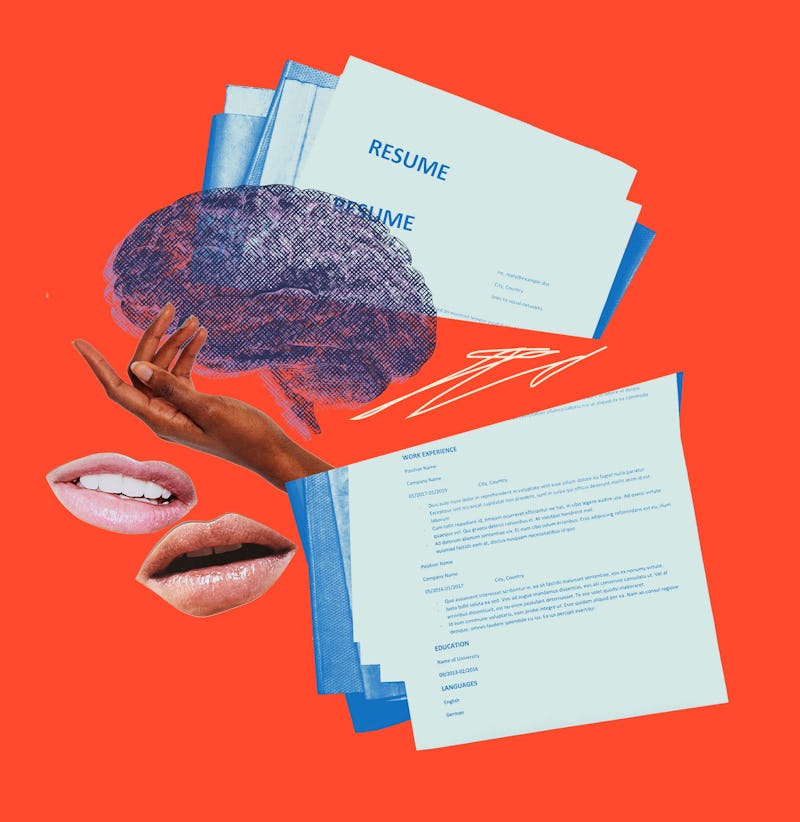 A collage of resume cut in half, a hand holding a brain and mouths talking 