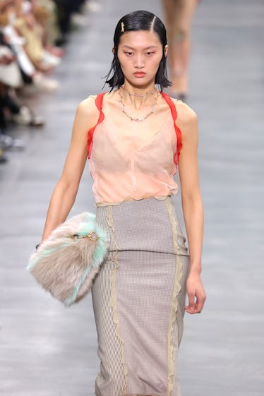 A model walks the runway at the Fendi fashion show during the Milan Fashion Week Fall/Winter 2022/20...