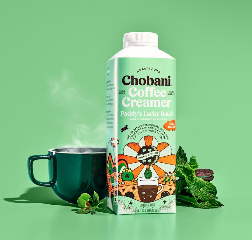 Chobani’s new St. Patrick’s Day coffee creamer, Paddy's Lucky Batch, features a delightful green sur...