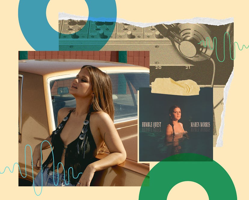 Maren Morris posing against a car next to her new album, 'Humble Quest.'