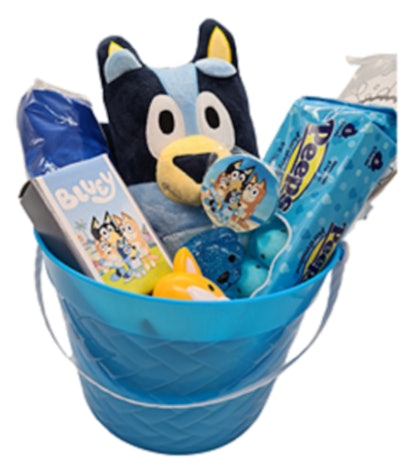 This premade Easter basket for kids is filled with 'Bluey' toys.
