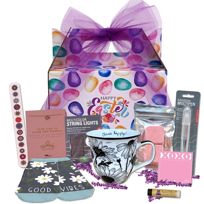 This premade Easter gift box is filled with gifts for teen girls.