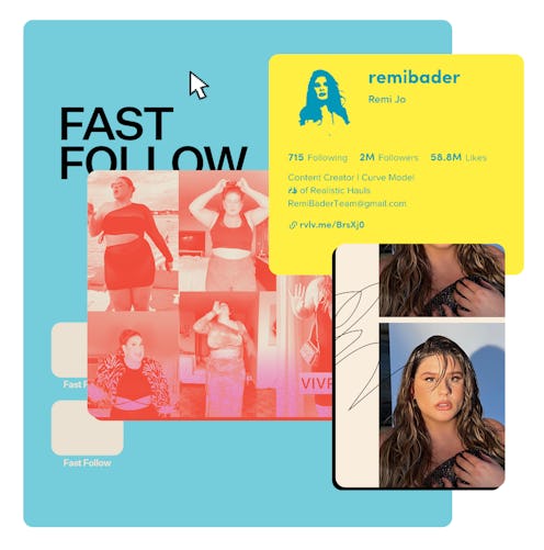 Remi Bader photos and resume next to a fast follow sign collage