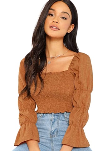 Floerns Square-Neck Puff-Sleeve Shirred Blouse
